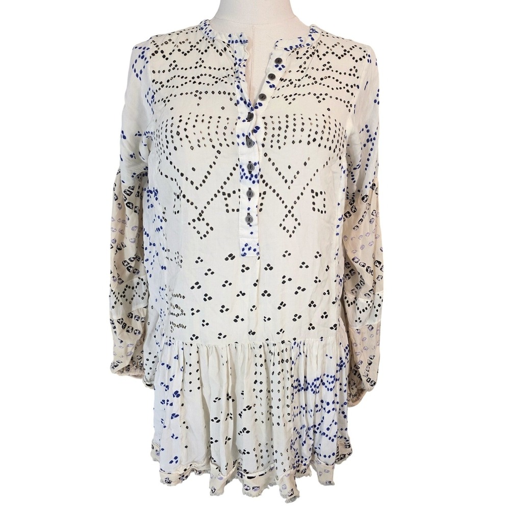 Free People White Blue Dot Print Tiered Ruffle Mini Dress XS - Picture 5 of 12